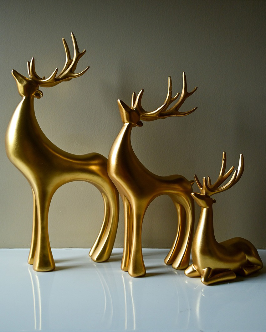 Enchanting Golden Resin Charming Reindeer Decor Collection | Set of 3