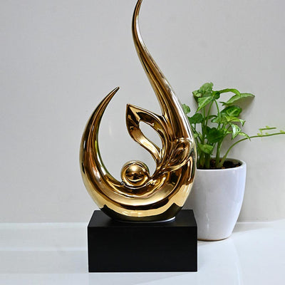 Modern Abstract Metal & Resin Sculpture with Golden Leaf Motif on Black Base | 4 x 3 x 12 inches
