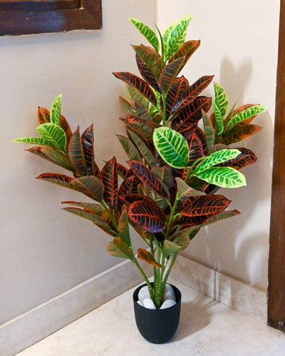 Artificial Garden Polyester Croton Plant With Black Pot | 104 Leaves | 3 Ft