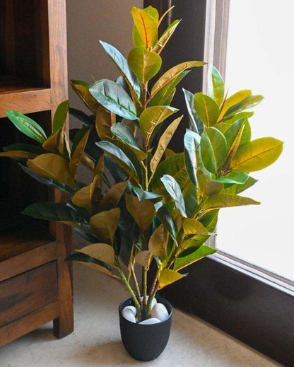 Polyester Rubber Plant With Black Pot | 104 Light Green Leaves | 3 Ft