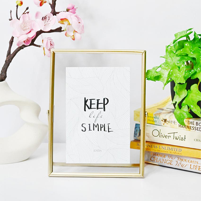 Quote Keep Life Simple Tempered Glass Golden Metal Frame