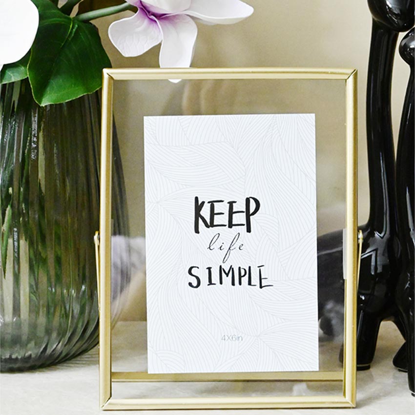 Quote Keep Life Simple Tempered Glass Golden Metal Frame