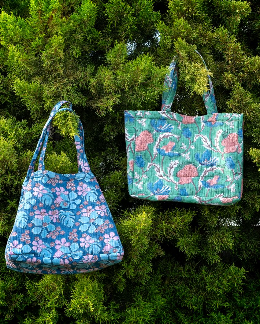 Floral Breeze Convertible Quilted Tote Bag - Block Printed