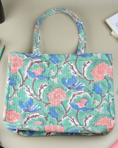 Wildflower Convertible Quilted Tote Bag - Block Printed