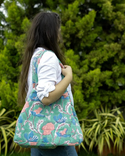 Wildflower Convertible Quilted Tote Bag - Block Printed