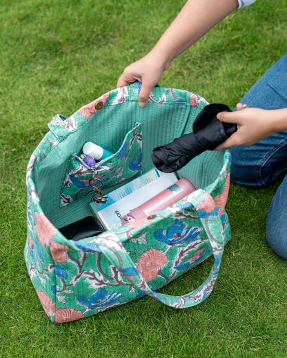 Wildflower Convertible Quilted Tote Bag - Block Printed