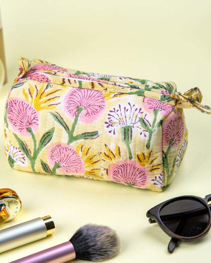 Beautiful Floral Meadow Block Printed Quilted Cotton Toiletry Pouch | 7.5 x 3.5 x 3.5 inches