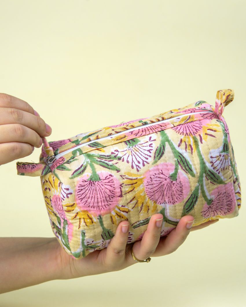 Beautiful Floral Meadow Block Printed Quilted Cotton Toiletry Pouch | 7.5 x 3.5 x 3.5 inches