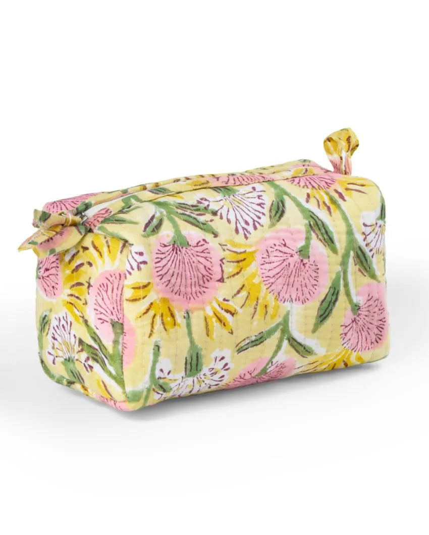 Beautiful Floral Meadow Block Printed Quilted Cotton Toiletry Pouch | 7.5 x 3.5 x 3.5 inches