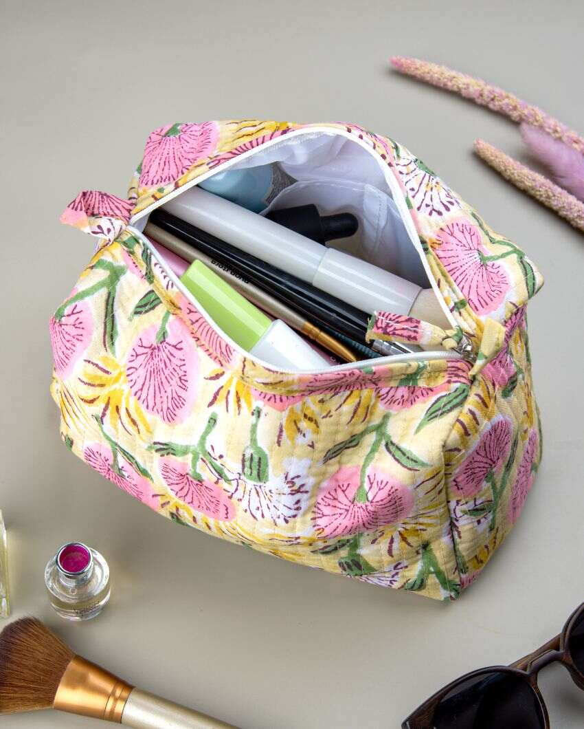 Beautiful Floral Meadow Block Printed Quilted Cotton Toiletry Pouch | 7.5 x 3.5 x 3.5 inches