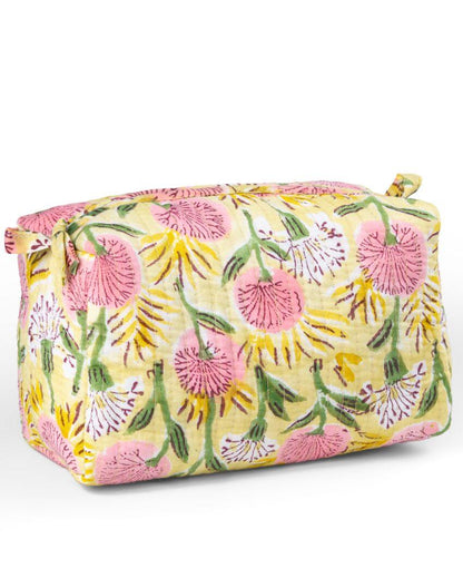 Beautiful Floral Meadow Block Printed Quilted Cotton Toiletry Pouch | 7.5 x 3.5 x 3.5 inches