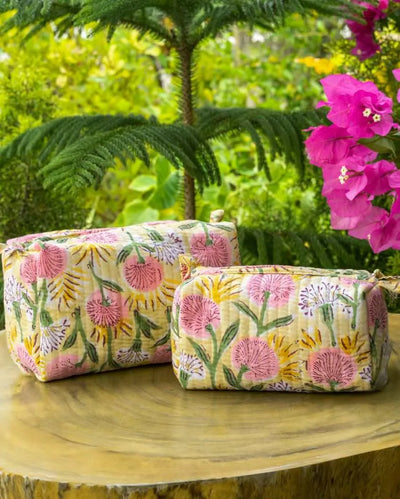 Bloom Floral Meadow Block Printed Quilted Cotton Toiletry Pouches | Set Of 2