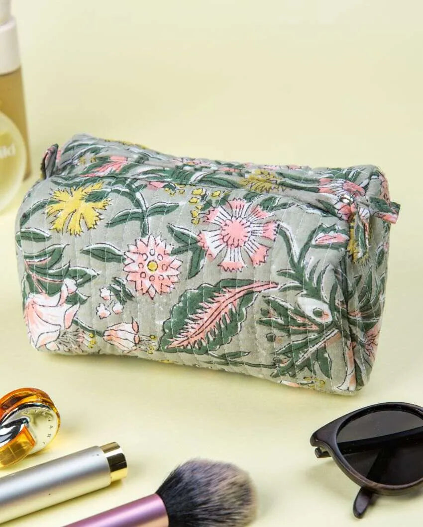 Botanical Forest Bloom Block Printed Quilted Cotton Toiletry Pouch | 7.5 x 3.5 x 3.5 inches