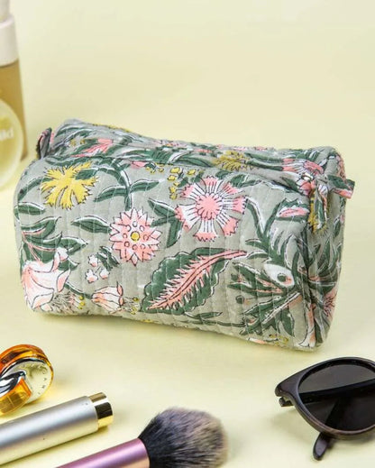 Botanical Forest Bloom Block Printed Quilted Cotton Toiletry Pouch | 10.5 x 5 x 5.5 inches
