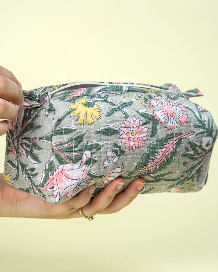 Botanical Forest Bloom Block Printed Quilted Cotton Toiletry Pouch | 7.5 x 3.5 x 3.5 inches