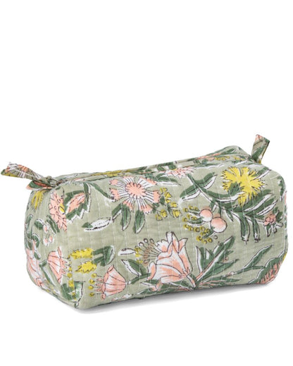 Botanical Forest Bloom Block Printed Quilted Cotton Toiletry Pouch | 7.5 x 3.5 x 3.5 inches