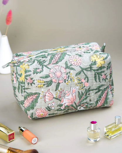Botanical Forest Bloom Block Printed Quilted Cotton Toiletry Pouch | 8.5 x 4 x 5 inches