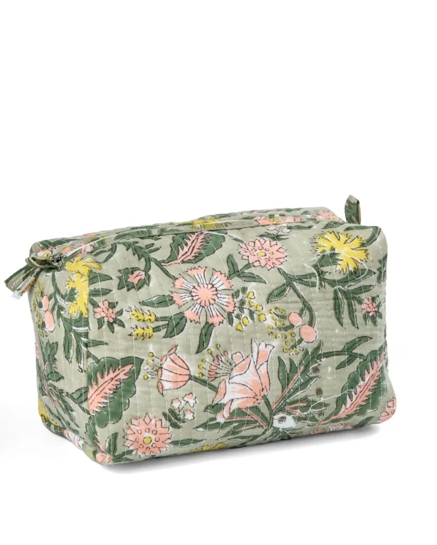 Botanical Forest Bloom Block Printed Quilted Cotton Toiletry Pouch | 7.5 x 3.5 x 3.5 inches