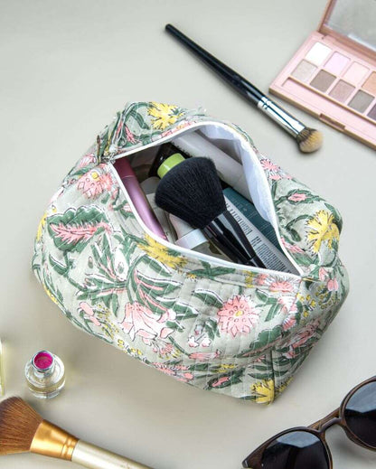 Botanical Forest Bloom Block Printed Quilted Cotton Toiletry Pouch | 7.5 x 3.5 x 3.5 inches