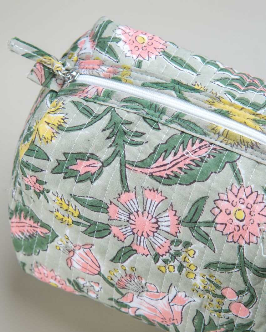 Botanical Forest Bloom Block Printed Quilted Cotton Toiletry Pouch | 7.5 x 3.5 x 3.5 inches