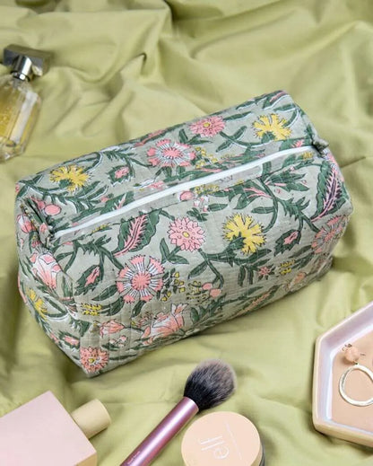 Botanical Forest Bloom Block Printed Quilted Cotton Toiletry Pouch | 7.5 x 3.5 x 3.5 inches