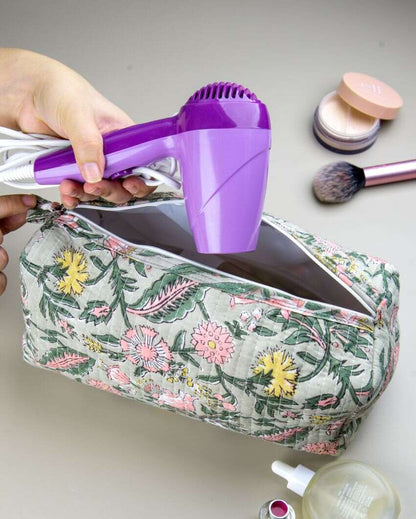 Botanical Forest Bloom Block Printed Quilted Cotton Toiletry Pouch | 8.5 x 4 x 5 inches