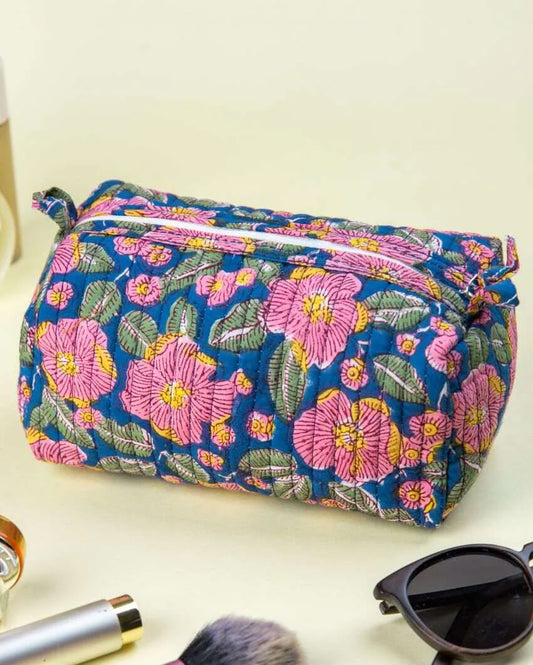 Garden Paradise Block Printed Quilted Cotton Toiletry Pouch