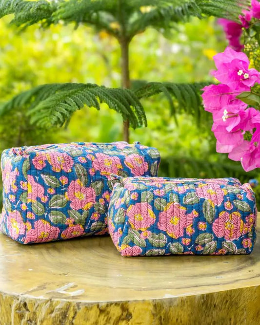 Nature Garden Paradise Block Printed Quilted Cotton Toiletry Pouches