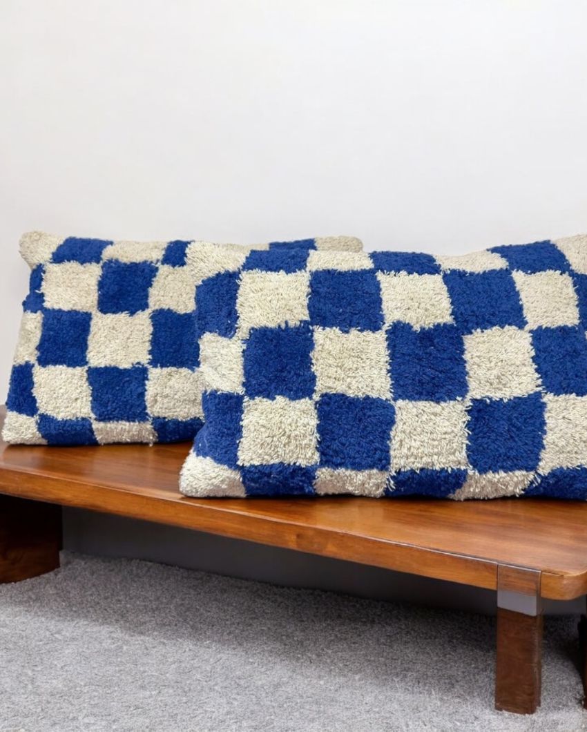 Blue&White Checkerboard Tufted Cotton Cushion Cover | 14 x 22 Inches