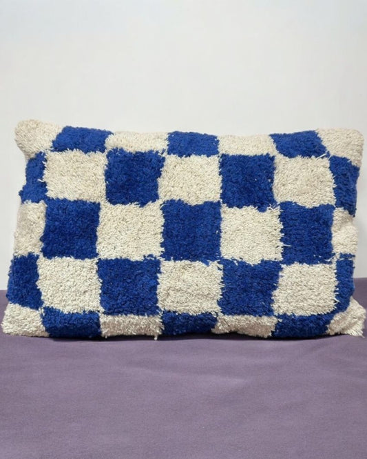 Blue&White Checkerboard Tufted Cotton Cushion Cover | 14 x 22 Inches