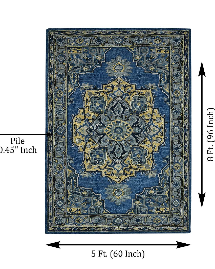 Steel Blue Wool Boho Hand Tufted Carpet | 8x5 ft