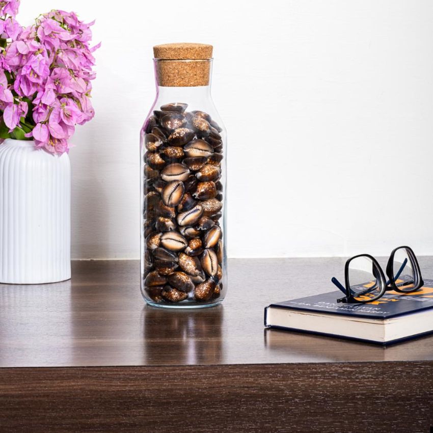 Luxury Snakehead Brown Cowry Shell Filled Glass Bottle Table Decor | 4 x 11 inches