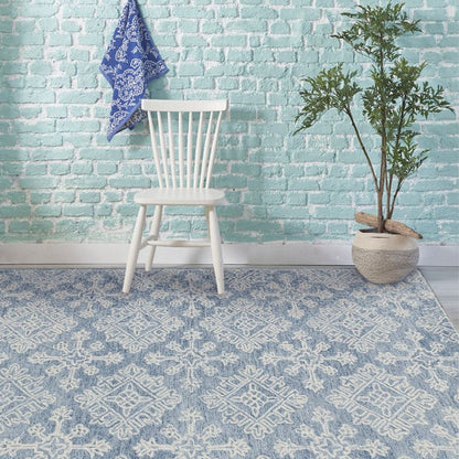 Blue Wool Geometric Pattern Hand-Tufted Rug Carpet