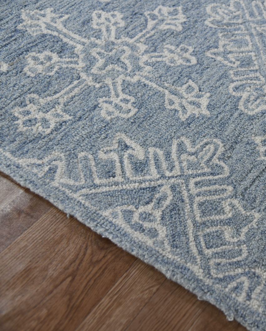 Blue Wool Geometric Pattern Hand-Tufted Rug Carpet