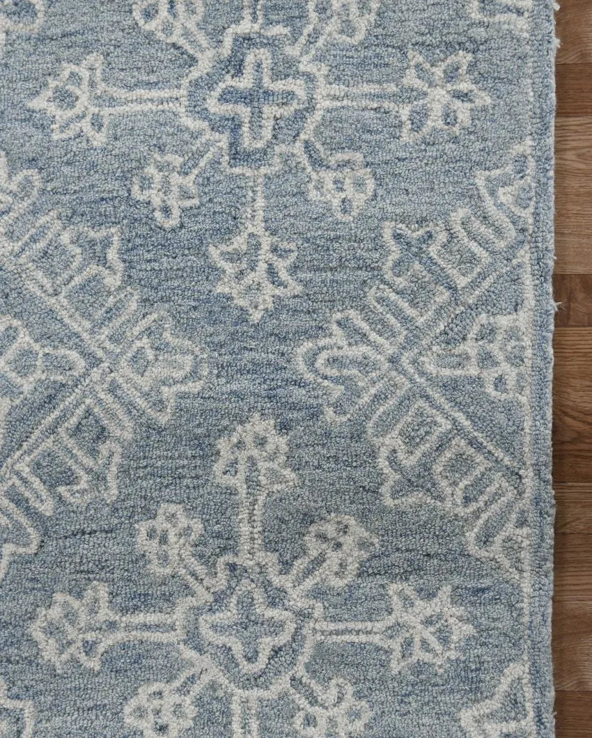 Blue Wool Geometric Pattern Hand-Tufted Rug Carpet