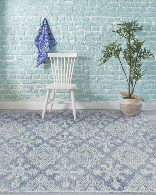 Blue Wool Geometric Pattern Hand-Tufted Rug Carpet