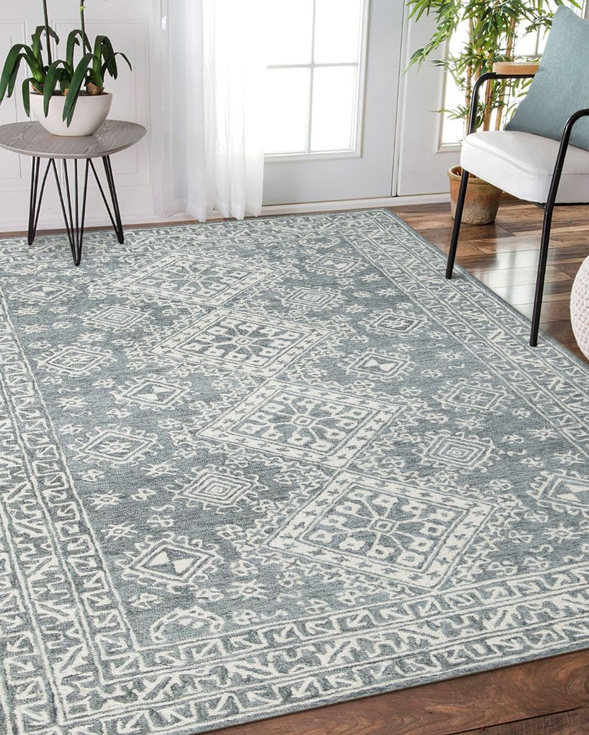 Grey Wool Geometric Pattern Hand-Tufted Rug Carpet