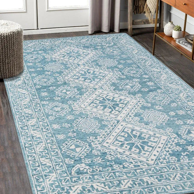 Blue Geometric Pattern Hand-Tufted Rug Carpet