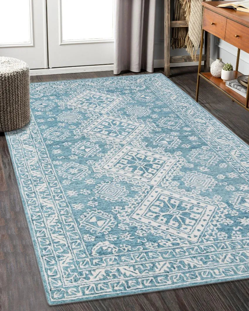 Blue Geometric Pattern Hand-Tufted Rug Carpet