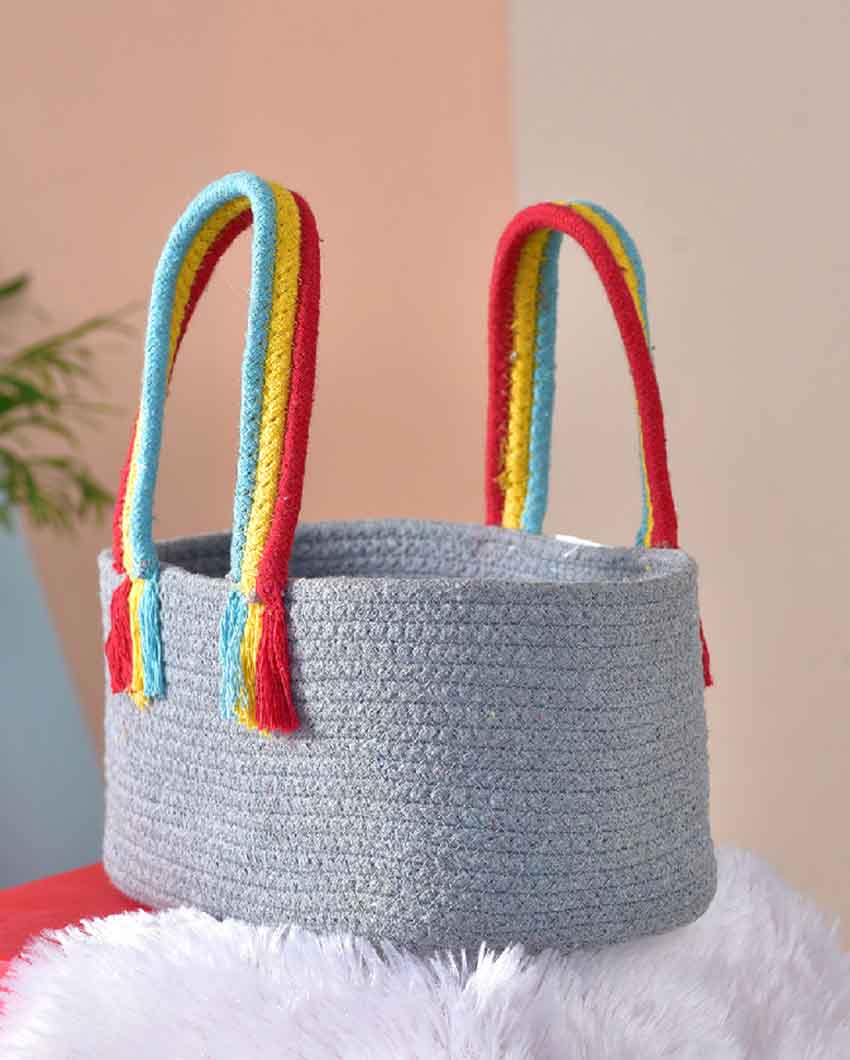 Boho Rainbow Cotton & Jute Basket Grey