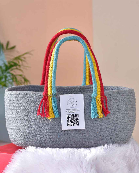 Boho Rainbow Cotton & Jute Basket Grey