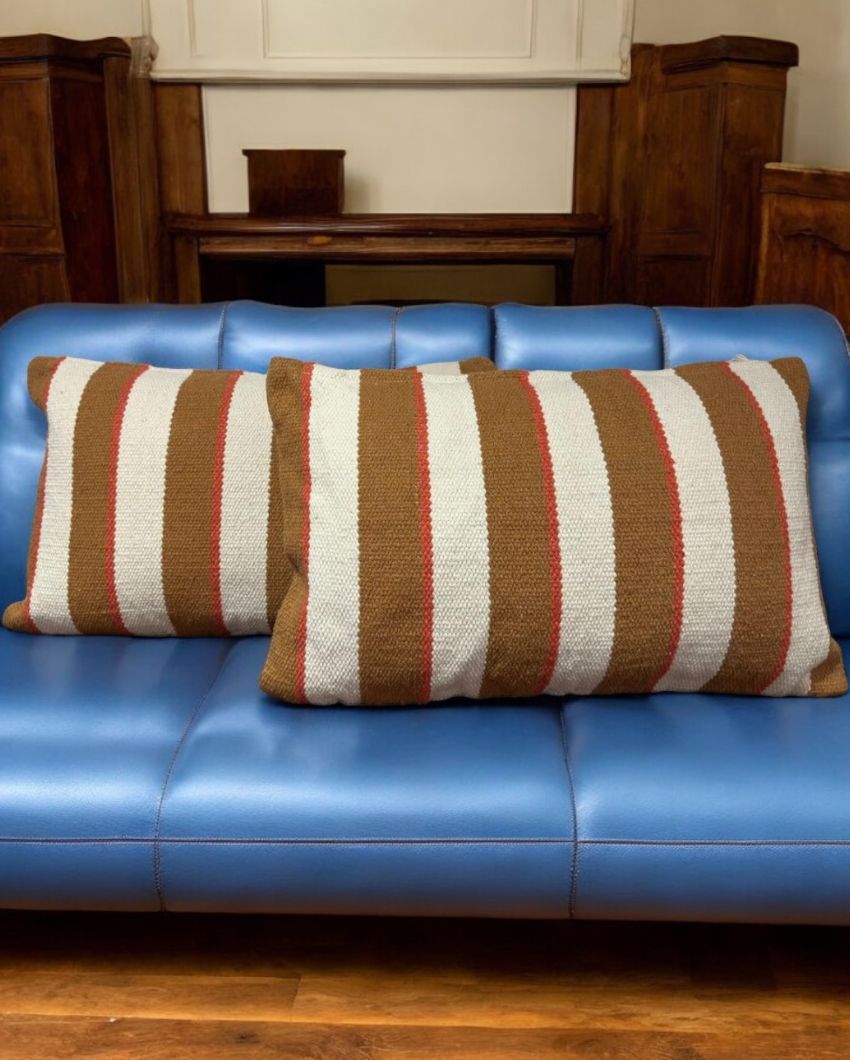 Stylish Brown Stripe Hand Woven Cotton Cushion Cover | 14 x 22 Inches