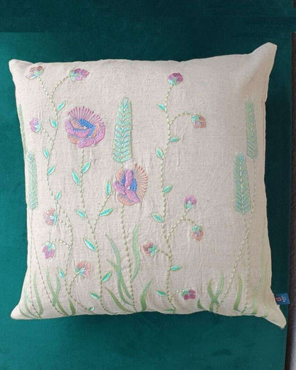 Off White Floral Embroidery Design Cushion Cover | 16 x 16 inches