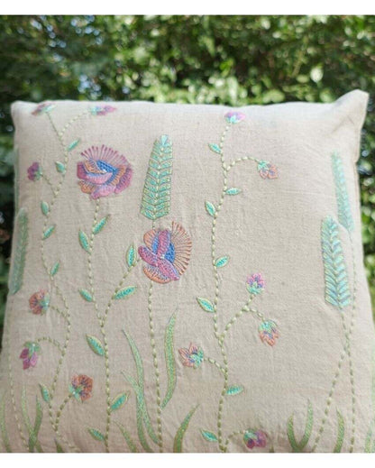 Off White Floral Embroidery Design Cushion Cover | 16 x 16 inches