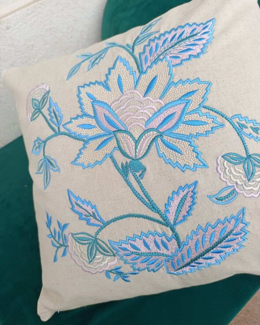 Blossom Haven Embroidery Design Cotton Cushion Cover | 16 x 16 inches