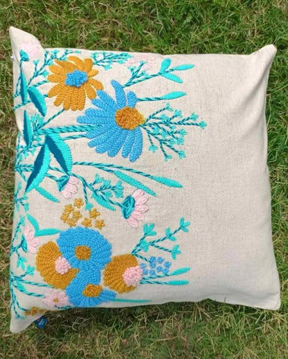 Natural Serenity Embroidery Design Cotton Cushion Cover | 16 x 16 inches