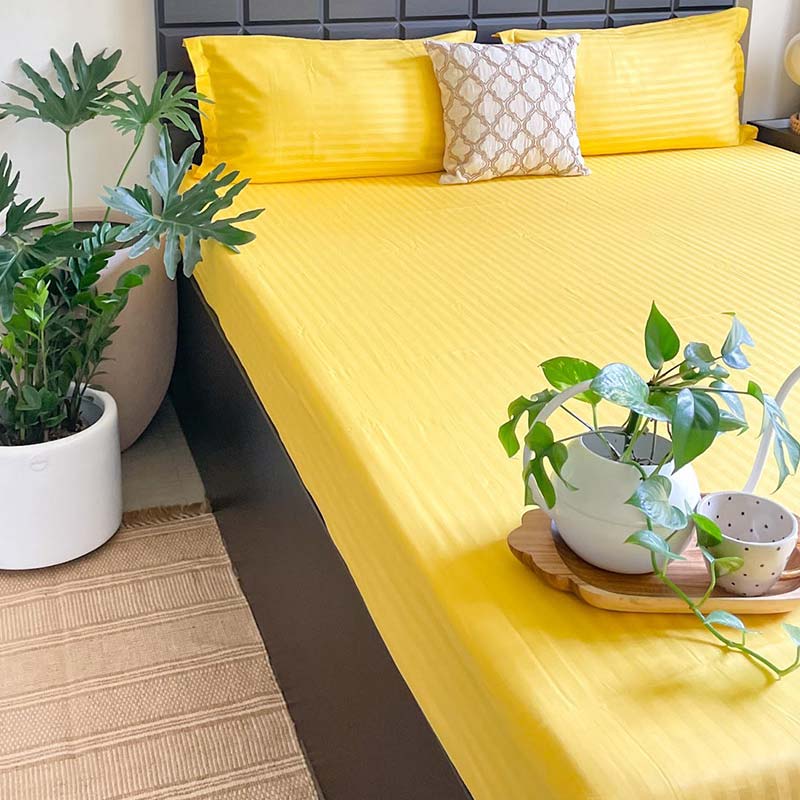 Spectra Yellow Striped Cotton Bedding Set With Pillow Covers | King Size | 104 x 108 Inches