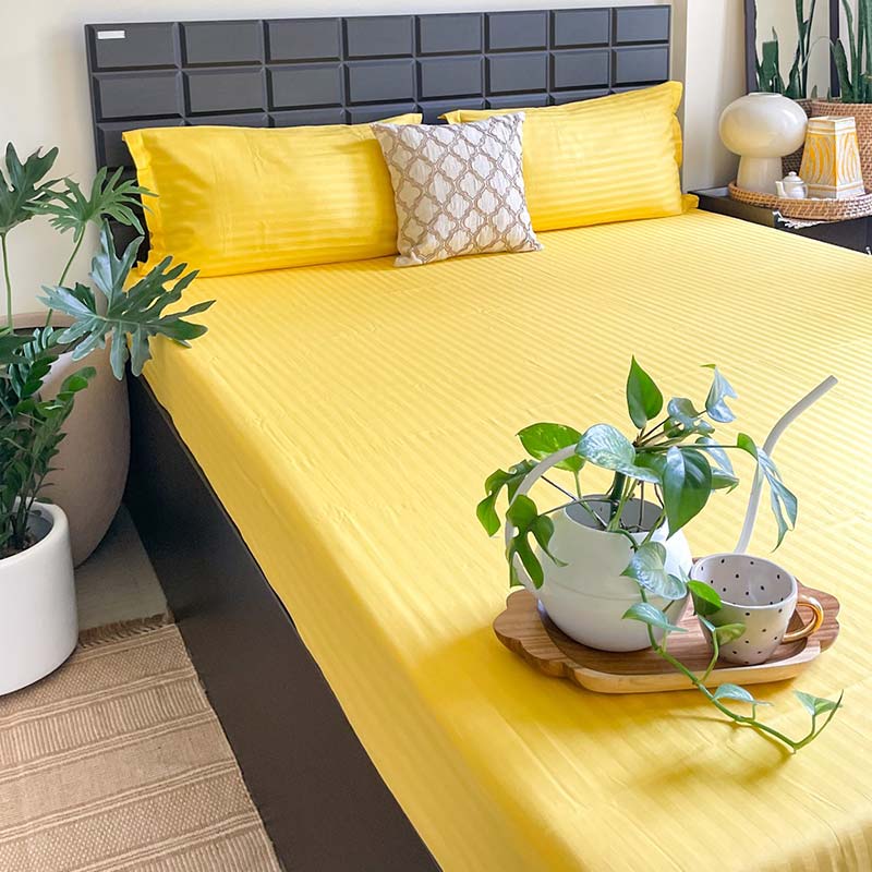 Spectra Yellow Striped Cotton Bedding Set With Pillow Covers | King Size | 104 x 108 Inches