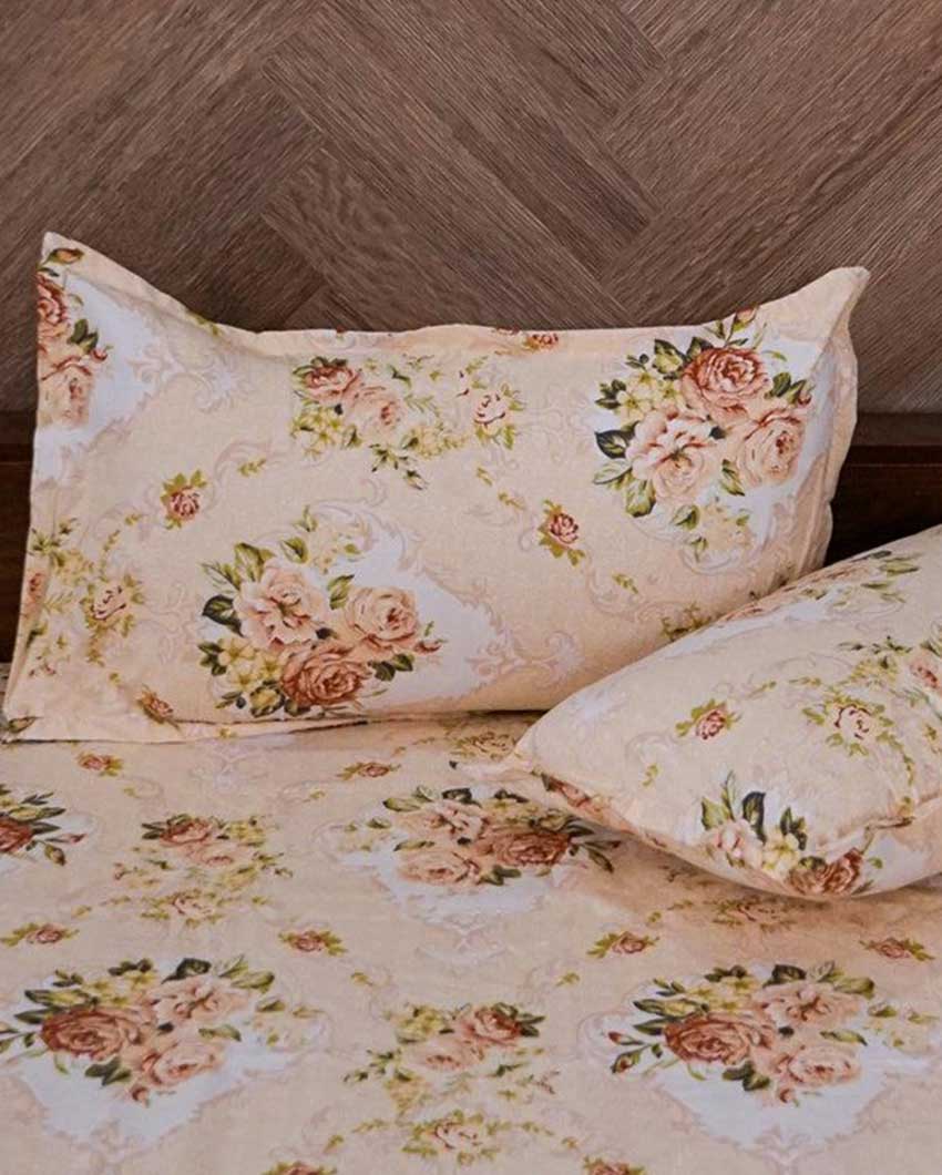 Charming Peach Petal Play Printed Polycotton Comforter & Bedsheet Combo | Pack of 4