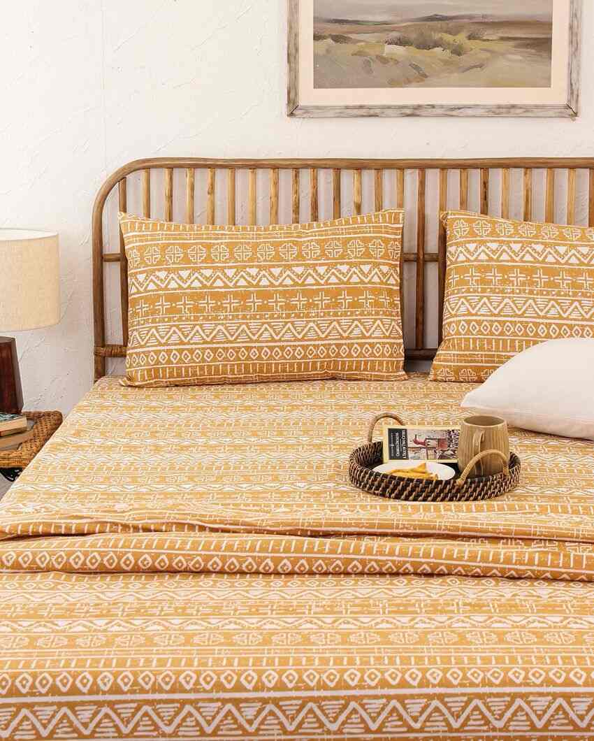 Kullu Patti Yellow Cotton Double Bed Sheet Set with 1 Double Dohar